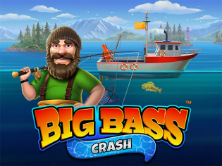 Uma imagem dinâmica e aquática do jogo 'Big Bass Crash', capturando a emoção da pesca de grandes peixes e a promessa de recompensas substanciais.